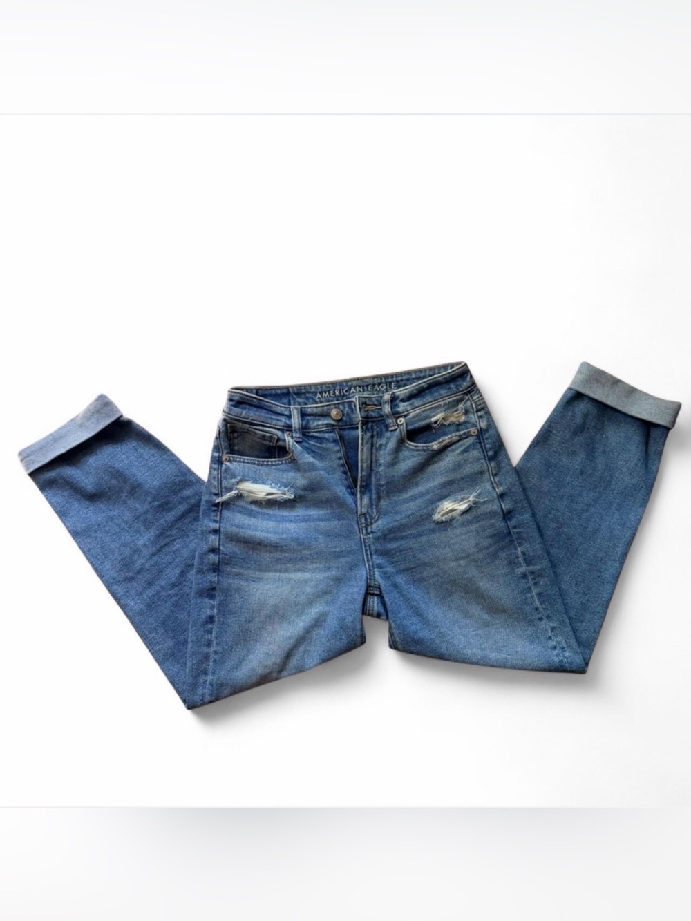 American Eagle Outfitters Women's Distressed Medium Blue Cropped Jeans